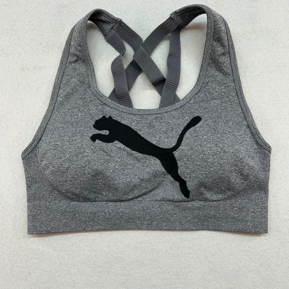 Puma Womens Seamless Strappy Back Sports Bra Heather Gray Medium Logo